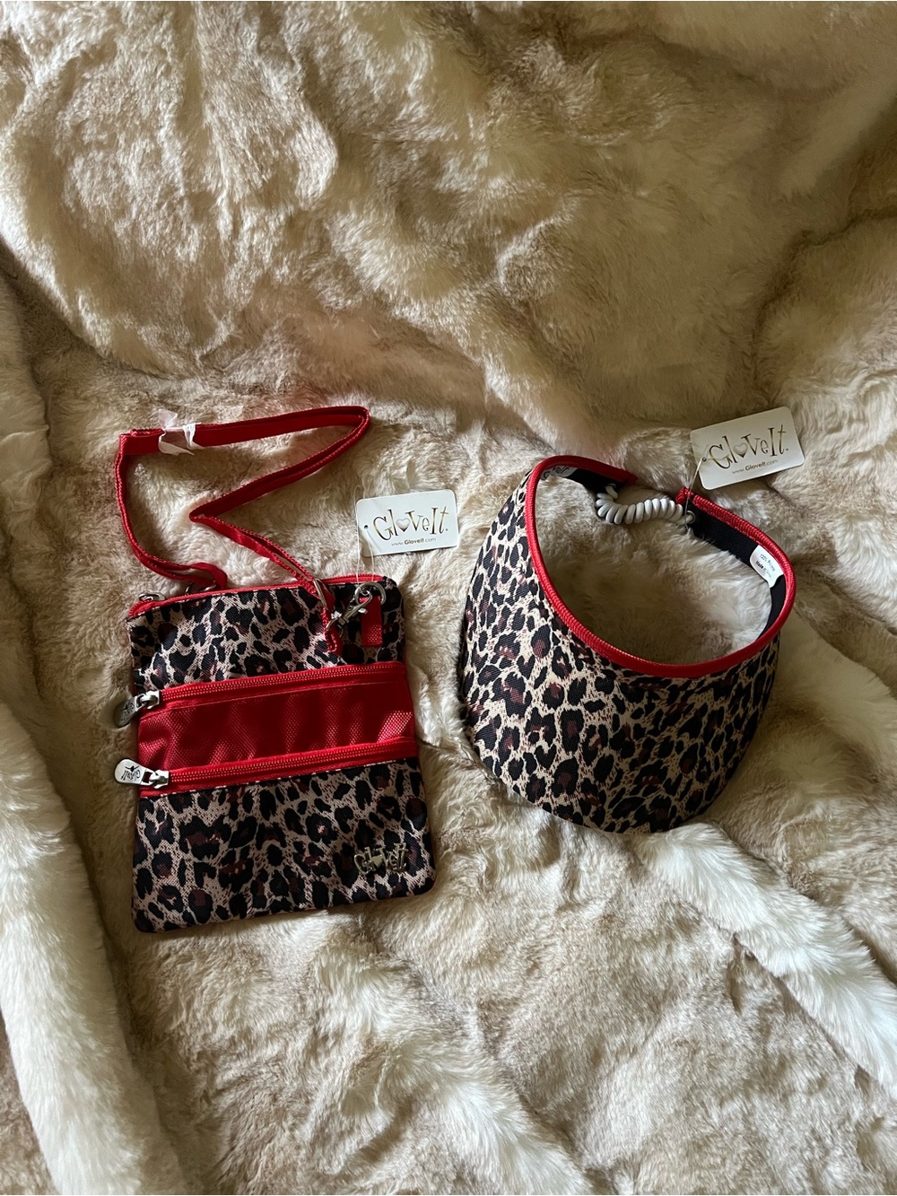 Leopard Print Crossbody Bag and Visor with Red Trim